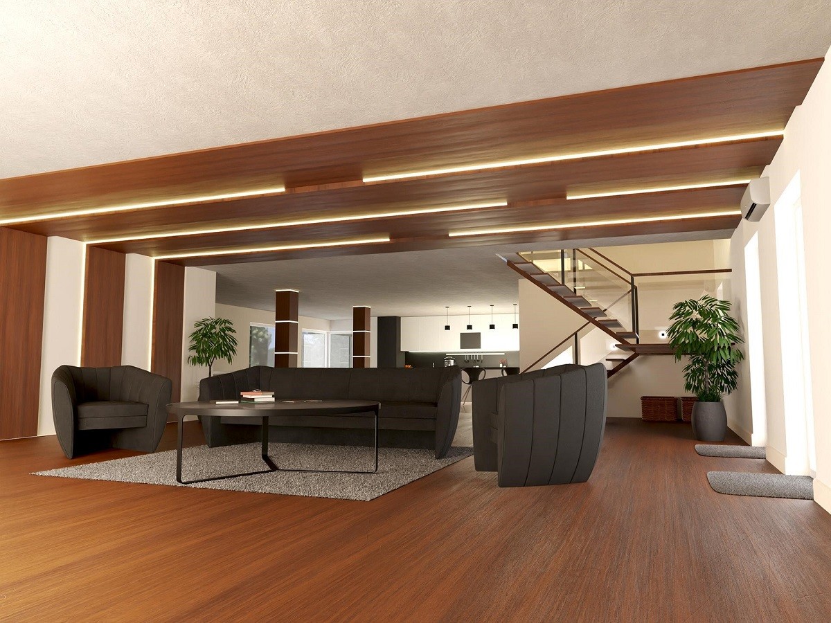 veľká obývacia izba, drevené prvky doplnené o LED pásiky
