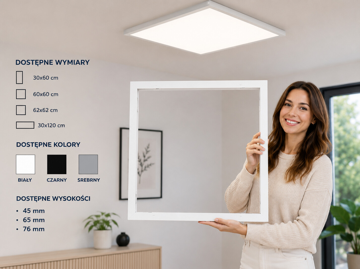 Biała ramka nasufitowa Kanlux ADTR 45 mm do montażu paneli LED 60x60, prezentowana przez kobietę w nowoczesnym wnętrzu. Dostępne kolory: biały, czarny i srebrny oraz różne wysokości i rozmia