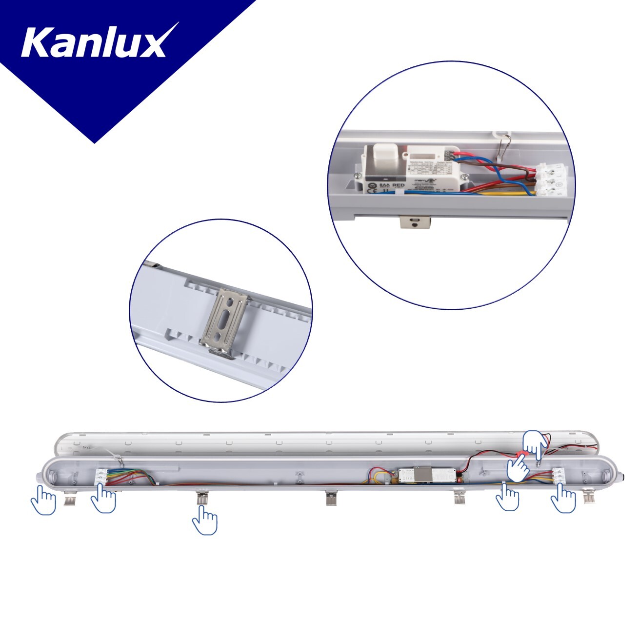 Oprawa LED Kanlux MAH PRO z szybkim dostępem do wnętrza, montażem od spodu, regulowanymi uchwytami, hermetyczną dławicą, szybkozłączką i miejscem na dodatkowe akcesoria
