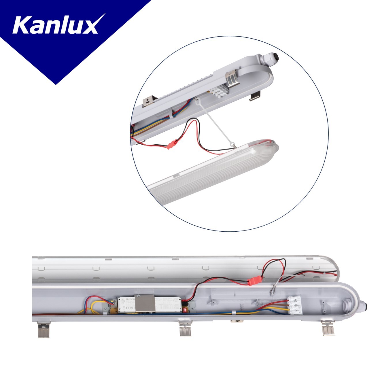 Oprawa LED Kanlux MAH PRO z metalowymi klipsami, dławnicą kablową PG11, miejscem na czujnik ruchu, zasilaczem TRIDONIC, zworami Power Switch, linką zabezpieczającą i dławnicą z dwóch stron.